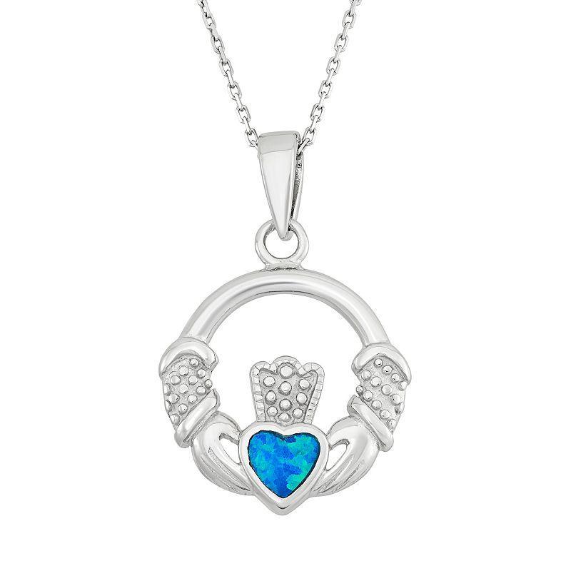 Lab-Created Blue Opal Sterling Silver Claddagh Pendant Necklace, Womens Product Image