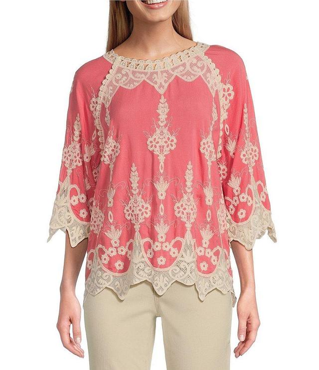 Leo & Nicole Contrast Embroidered Lace Scoop Neck Scallop Edge 3/4 Sleeve Top Product Image