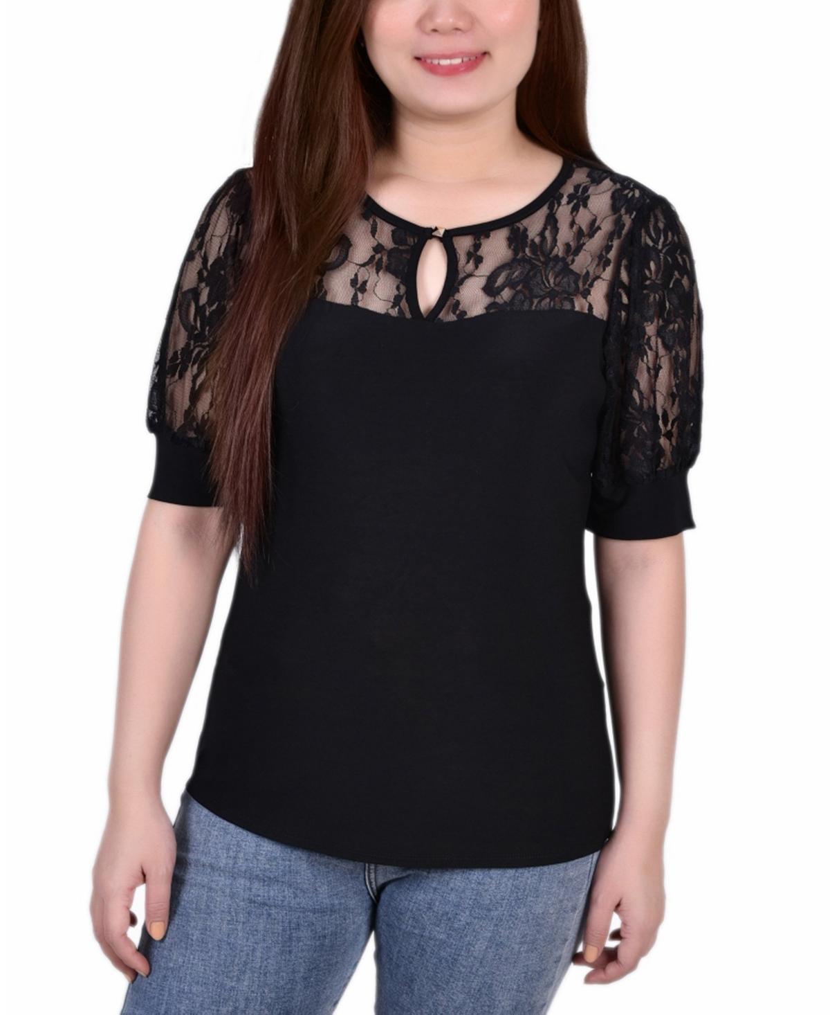 Womens Short Puff Sleeve Top with Lace Sleeves and Yoke Product Image