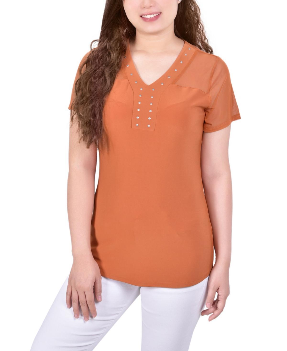 NY Collection Womens Mesh Sleeve & Studded Neck Blouse -ROYAL Product Image