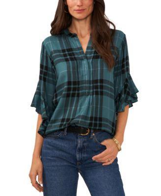 Women's Plaid Ruffle-Sleeve Henley Top Product Image