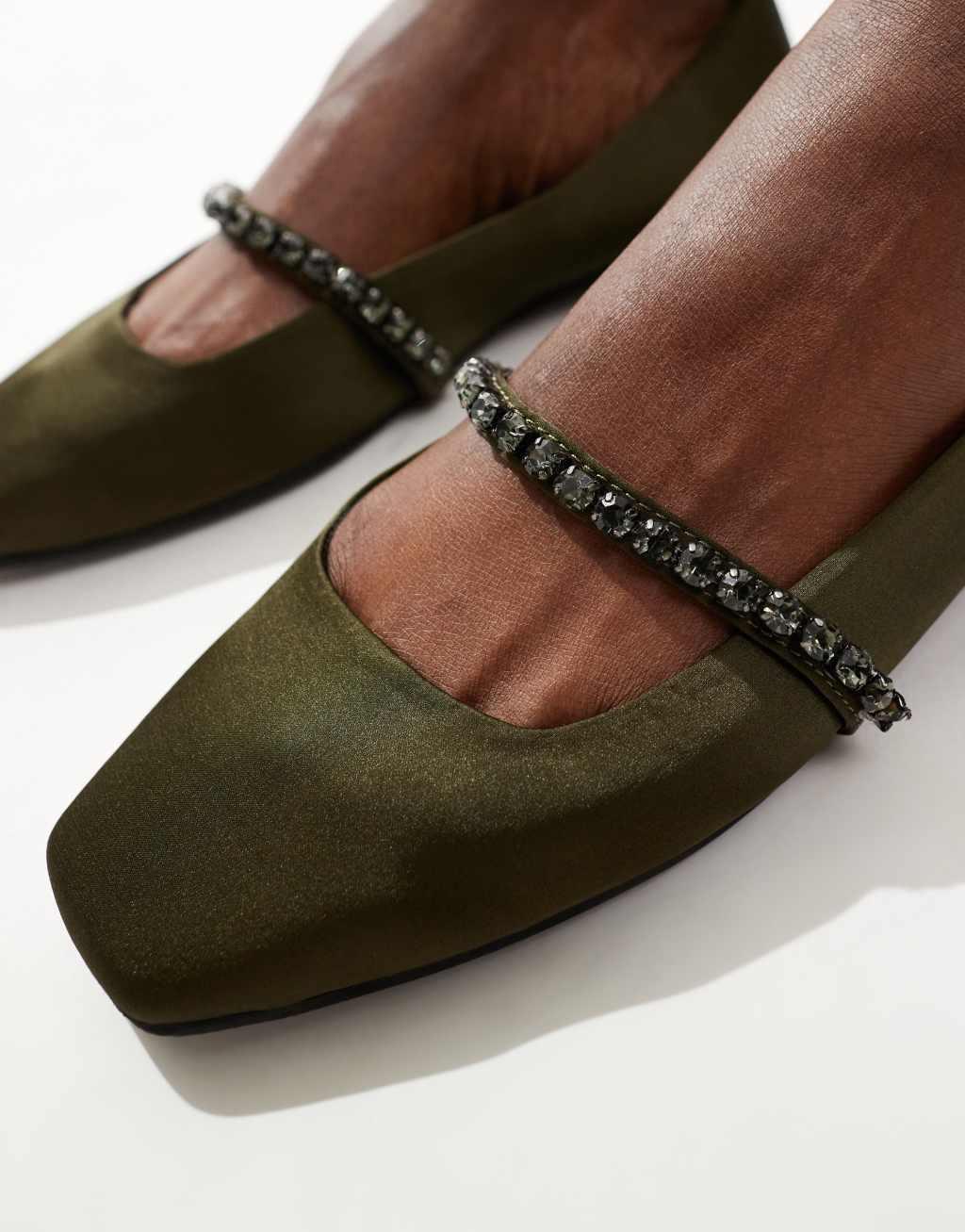 ASOS DESIGN Layla embellished mary jane ballet flat in olive Product Image