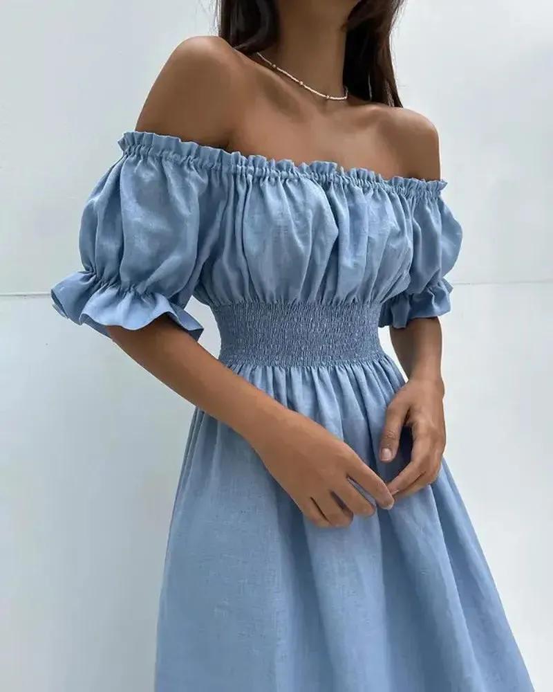 Olivia Mark – Puff Sleeve Ruched Dress with Ruffle Hem and Off Shoulder Product Image