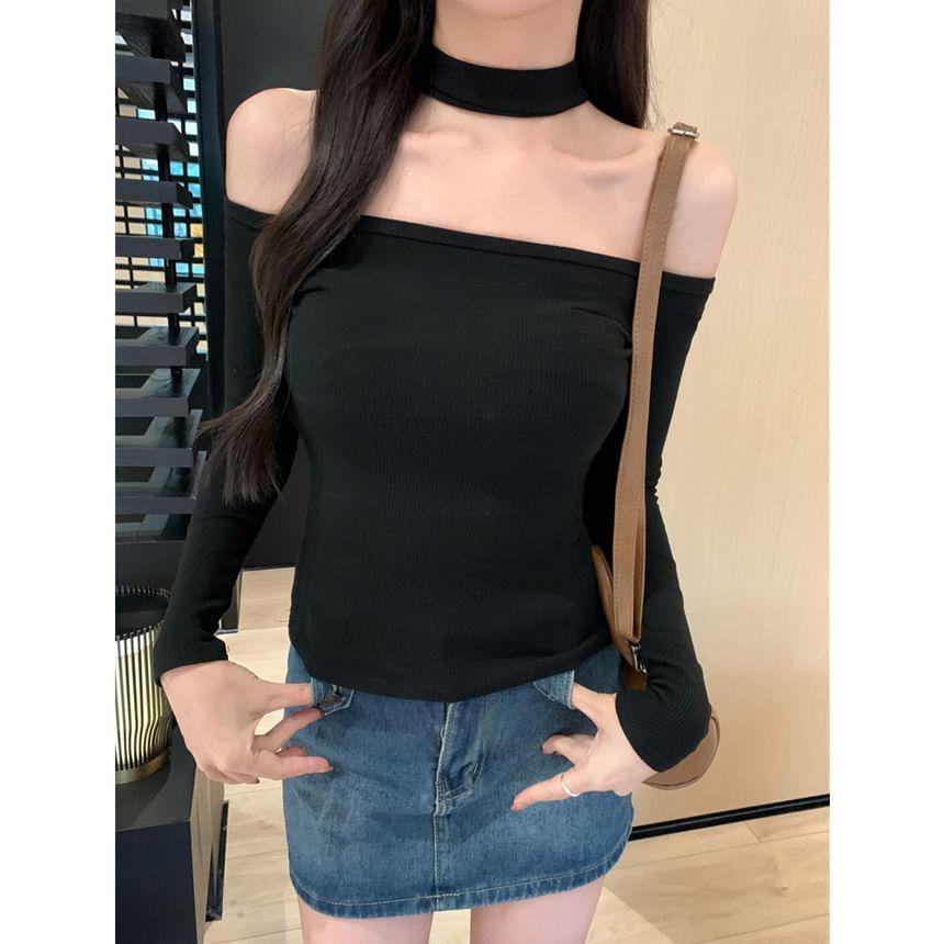 Long Sleeve Cross-Strap Plain Slim-Fit Knit Top Product Image