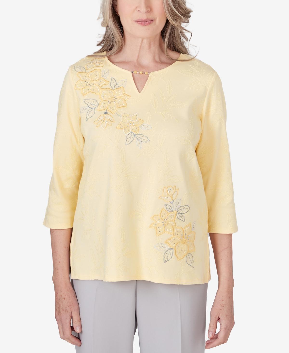 Alfred Dunner Womens Charleston Three Quarter Sleeve Embroidered Floral Details Top Product Image