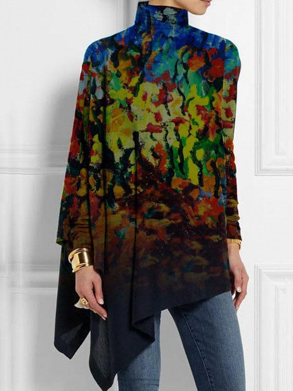 Batwing Sleeves Long Sleeves Asymmetric Printed Split-Side High Neck T-Shirts Tops Product Image