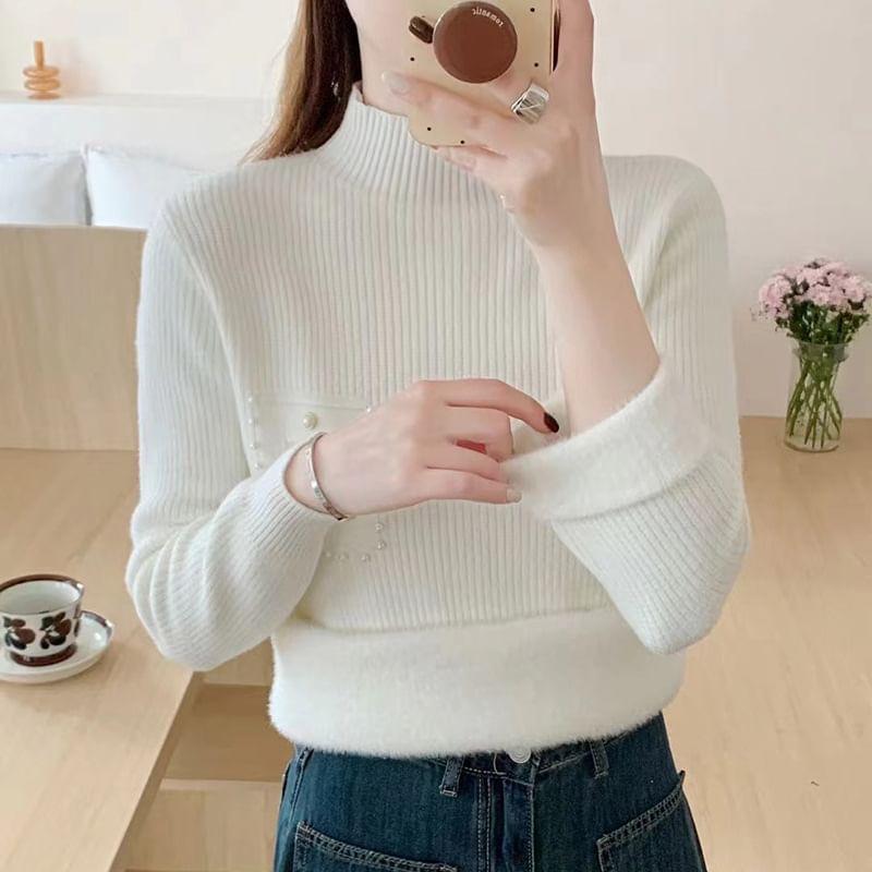 Mock Neck Plain Faux Pearl Detail Sweater Product Image