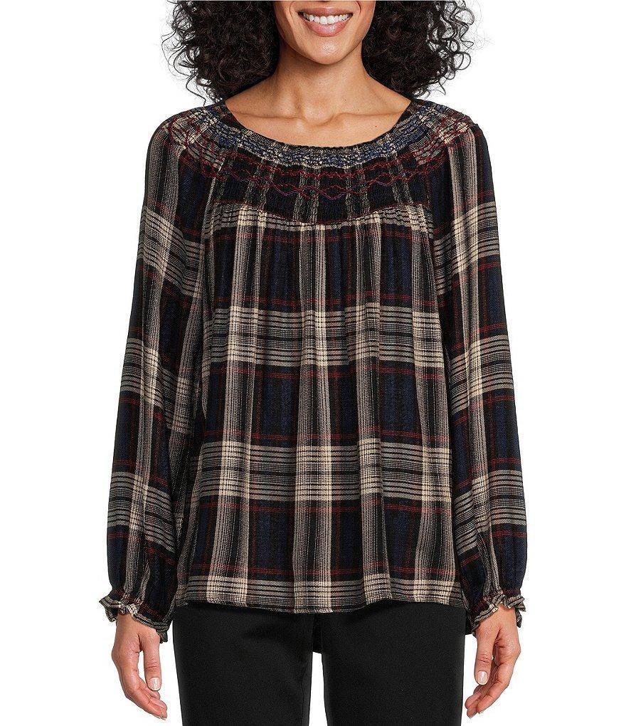 Intro Petite Size Yarn-Dye Embroidered Smocked Scoop Neck Long Sleeve Plaid Print Top Product Image