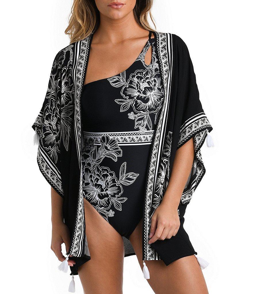 La Blanca Shadow Floral Print Open Front Tassel Trim Kimono Cover-Up Product Image