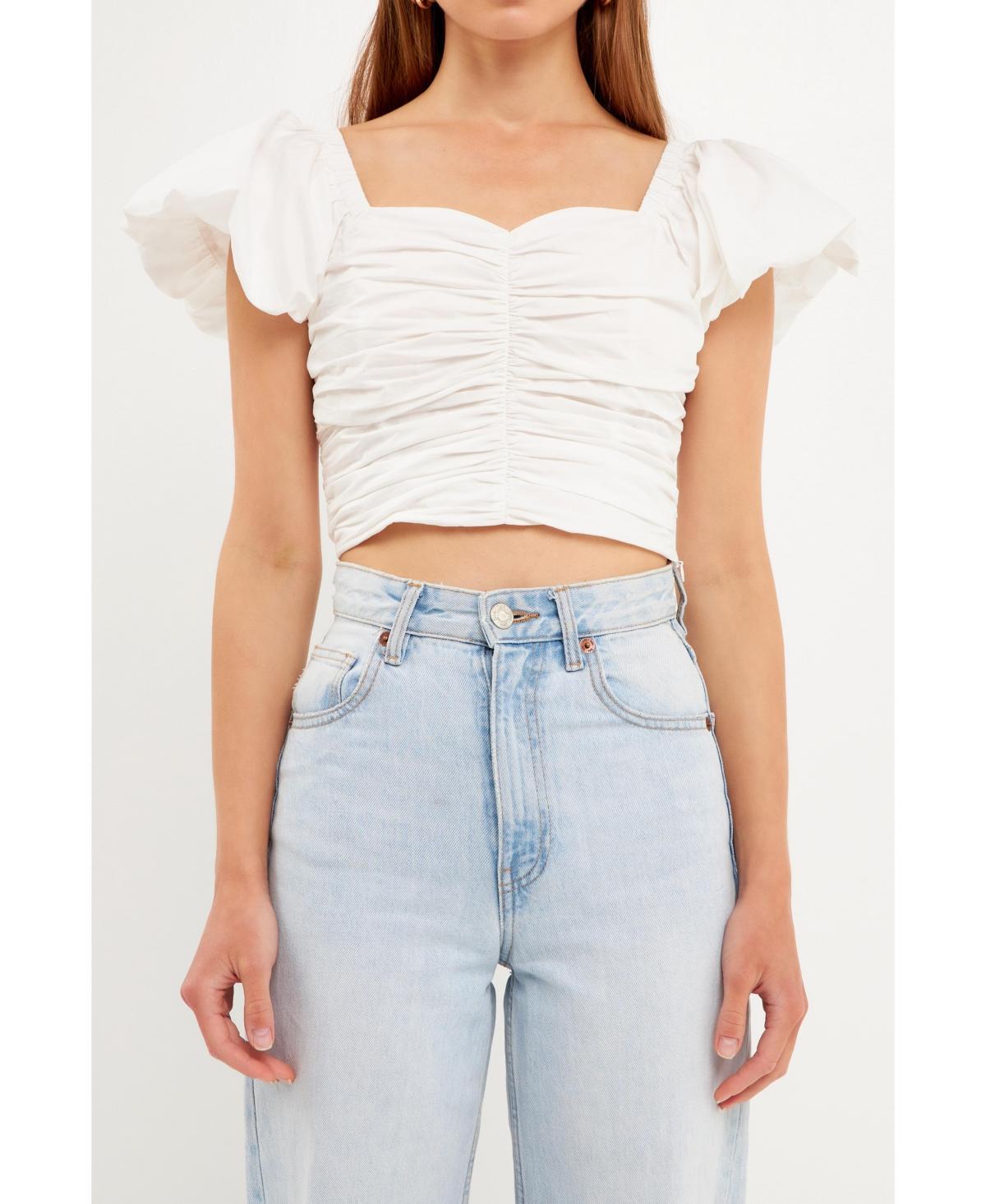 endless rose Womens Shirring Detail Puff Sleeve Cropped Top Product Image