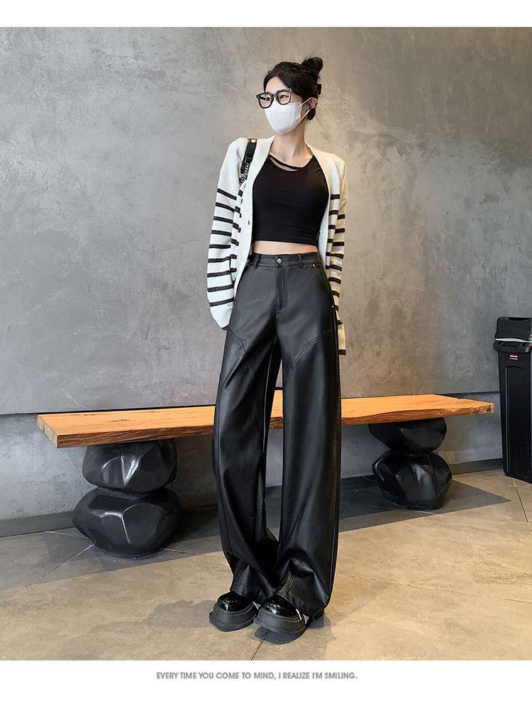 High Rise Faux Leather Wide Leg Pants Product Image