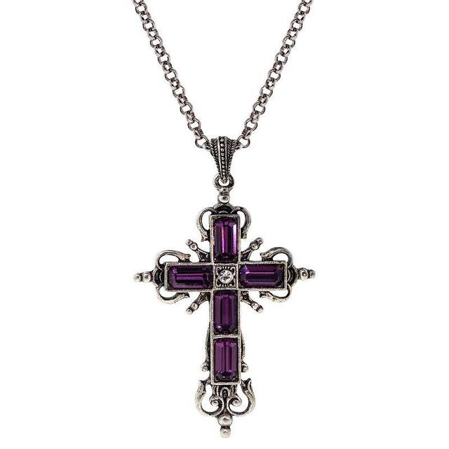 Silver-Tone Purple Crystal Cross Necklace Product Image