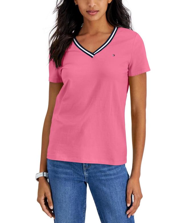 Tommy Hilfiger Womens Striped V-Neck Short-Sleeve T-Shirt Product Image