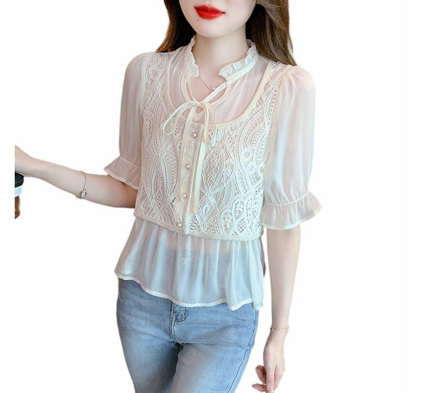 Puff-Sleeve Notch Neck Plain Lace Panel Mock Two-Piece Blouse Product Image