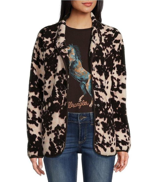 Wrangler® Long Sleeve Cow Print Full Snap Faux Sherpa Sweater Jacket Product Image