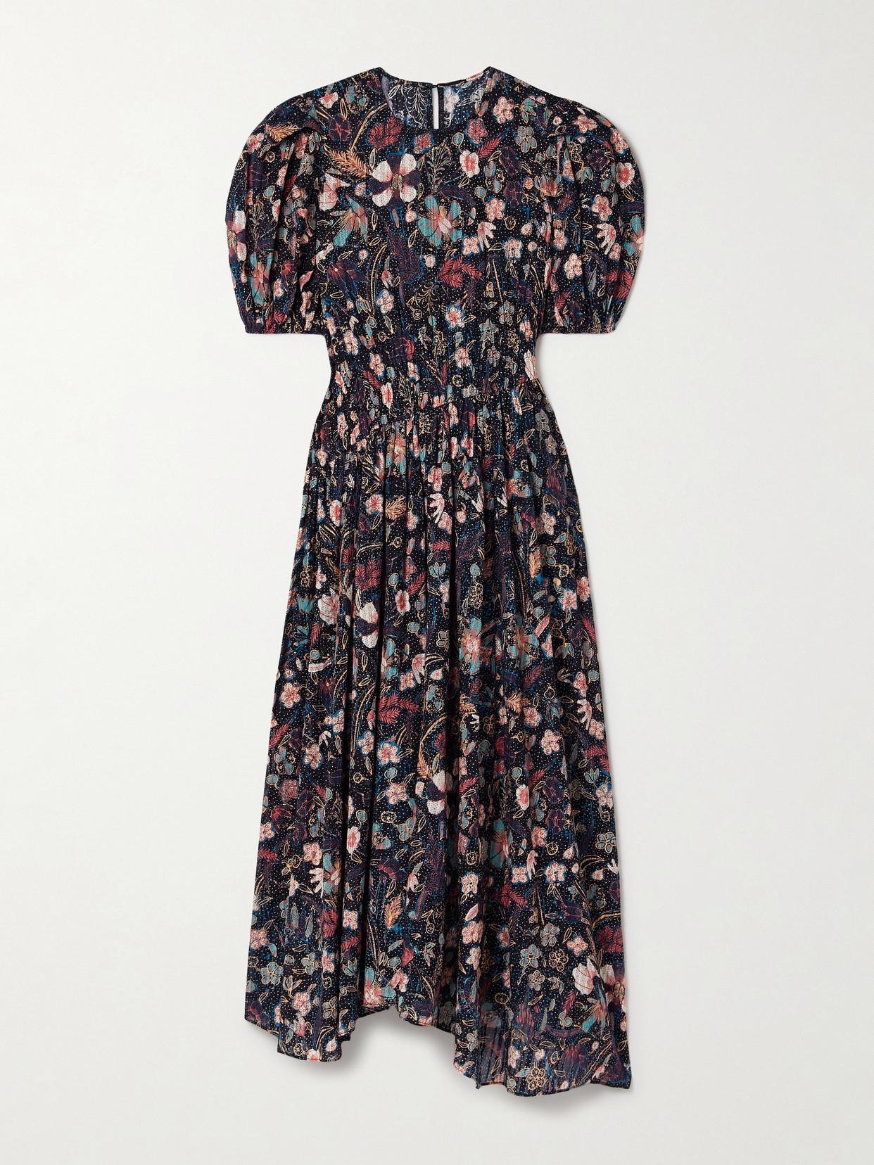 Eden Shirred Gathered Printed Cotton-blend Midi Dress In Black Product Image