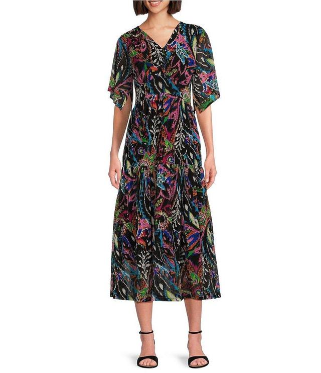 Calessa Stretch Mesh Abstract Multi Print V-Neck Short Flutter Sleeve Tiered Hem Midi Dress Product Image