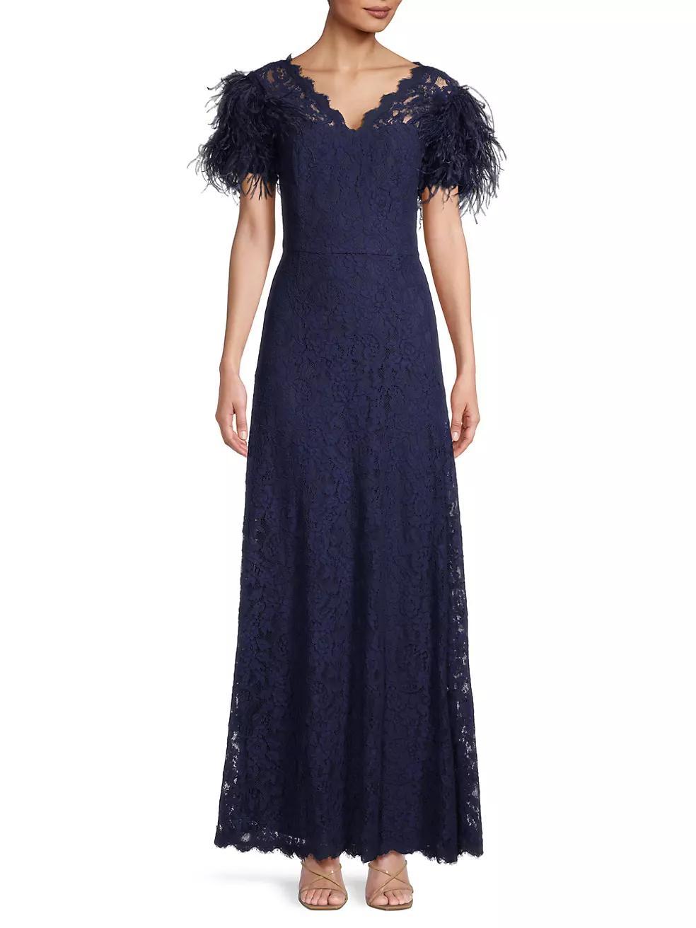 Lace & Feather V-Neck Gown Product Image