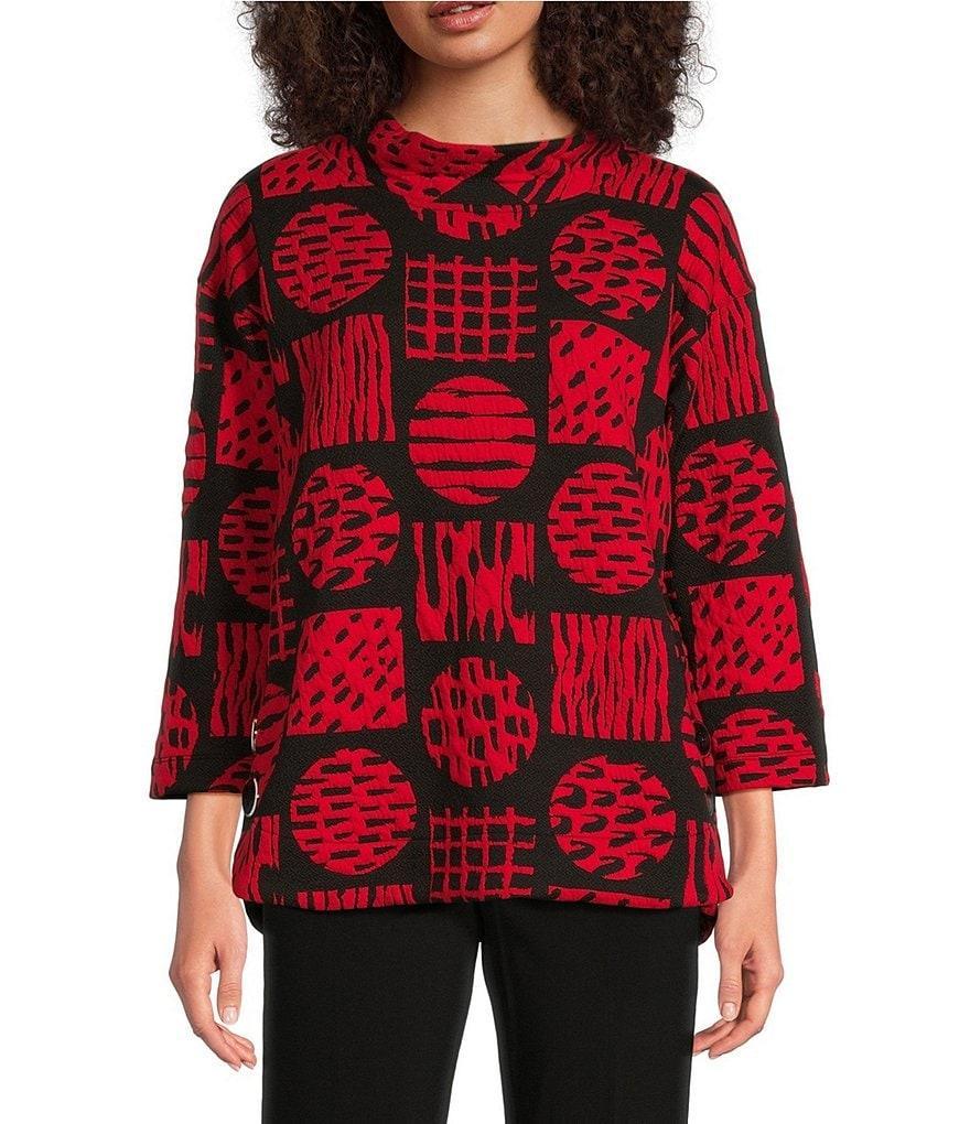 Ali Miles Knit Jacquard Geometric Abstract Print Mock Neck Long Sleeve Popover Tunic Product Image