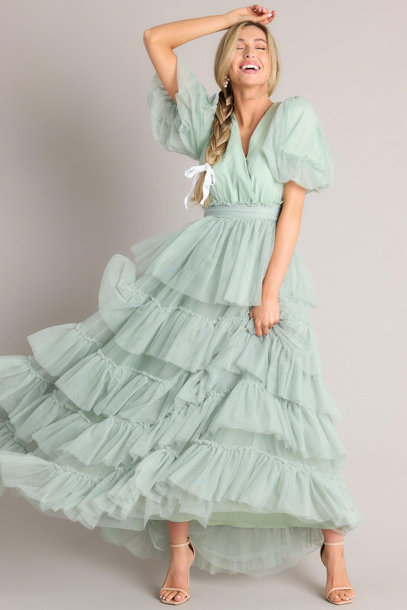 A Beautiful Feeling Seafoam Tiered Tulle Maxi Dress Product Image