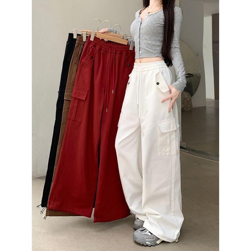 Drawstring Waist Plain Wide Leg Cargo Pants Product Image