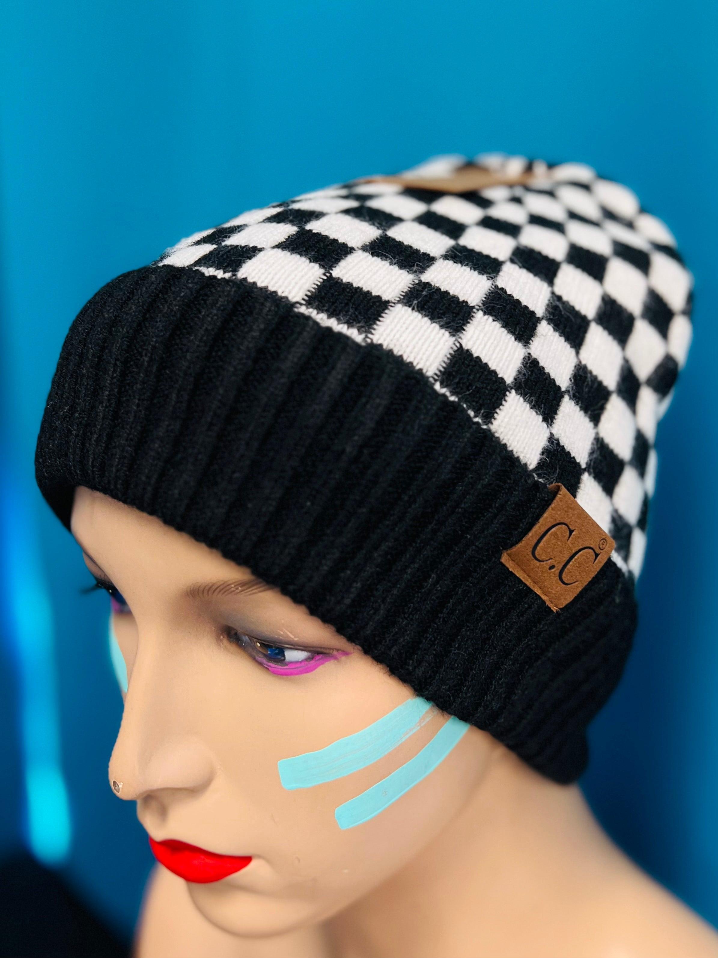 Black and White Checkered Beanie Product Image