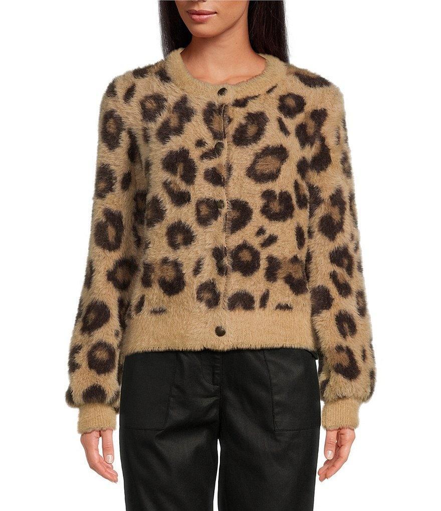 Skies Are Blue Fuzzy Leopard Print Crew Neck Long Sleeve Button Front Cardigan Product Image