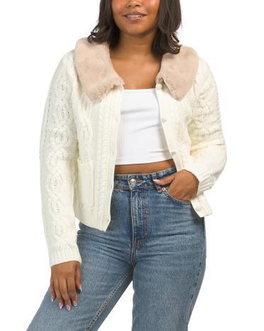 Long Sleeve Cable Knit Cardigan With Faux Fur Collar for Women | Acrylic Product Image