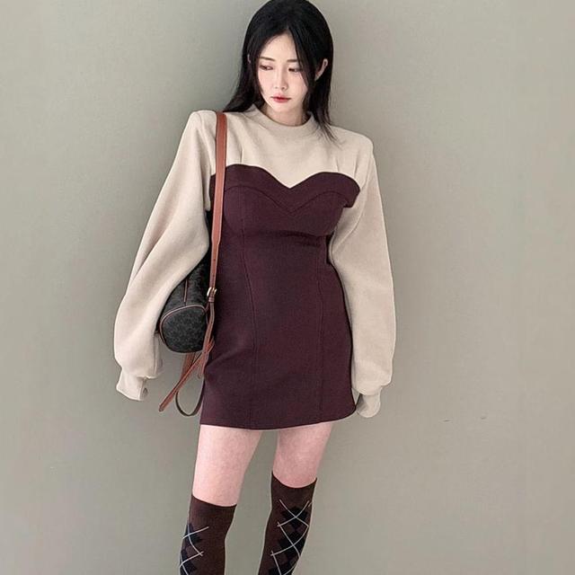 Long Sleeve Crew Neck Mock Two Piece Mini A-Line Dress Product Image