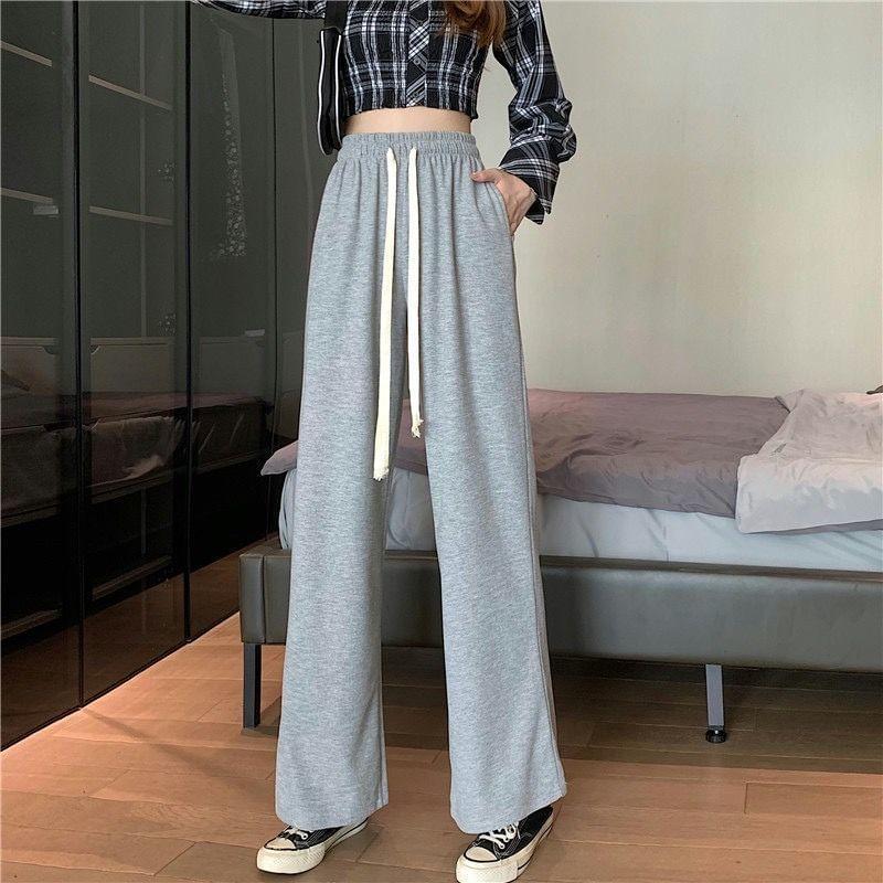 Drawstring Waist Plain Wide Leg Pants Product Image