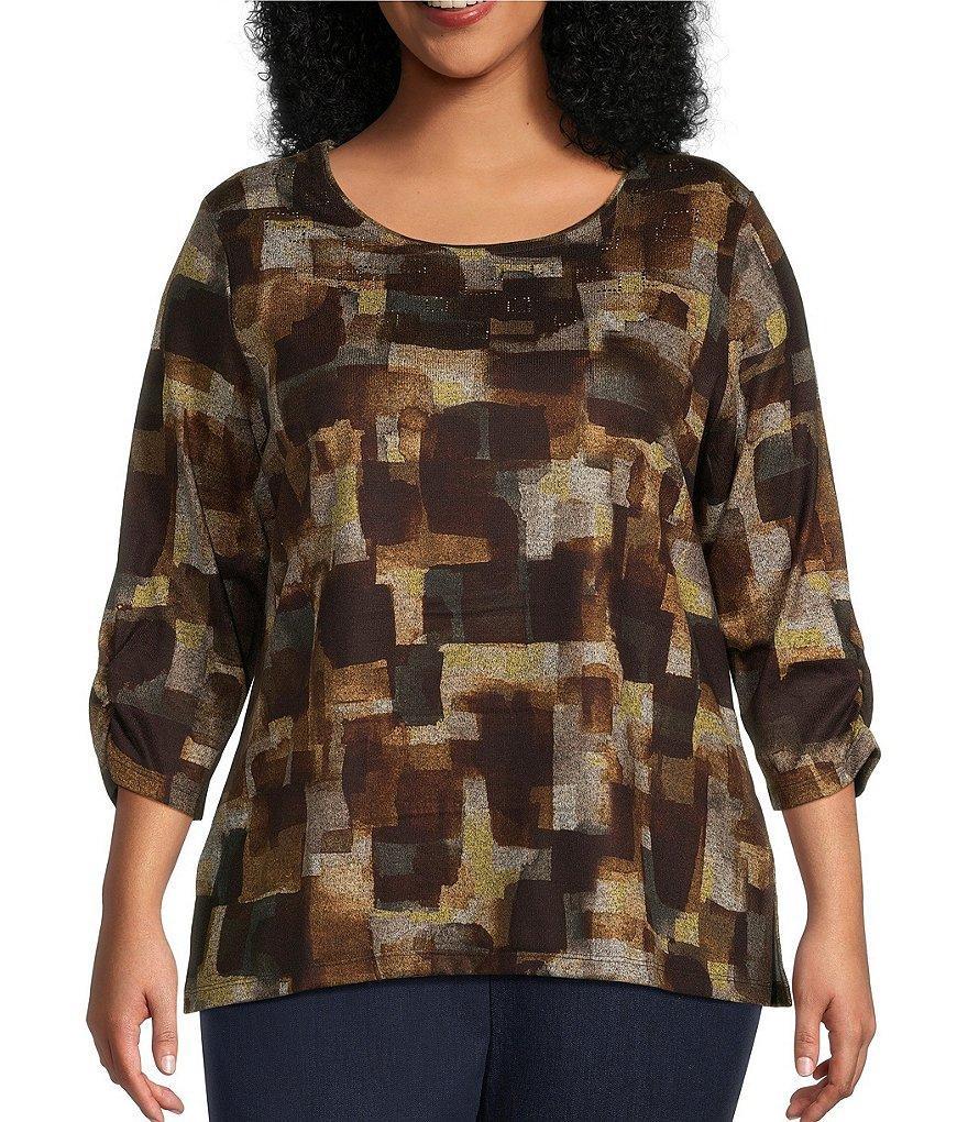 Allison Daley Plus Size Watercolor Check Print Embellished 3/4 Ruched Sleeve Crew Neck Abstract Tee Shirt Product Image