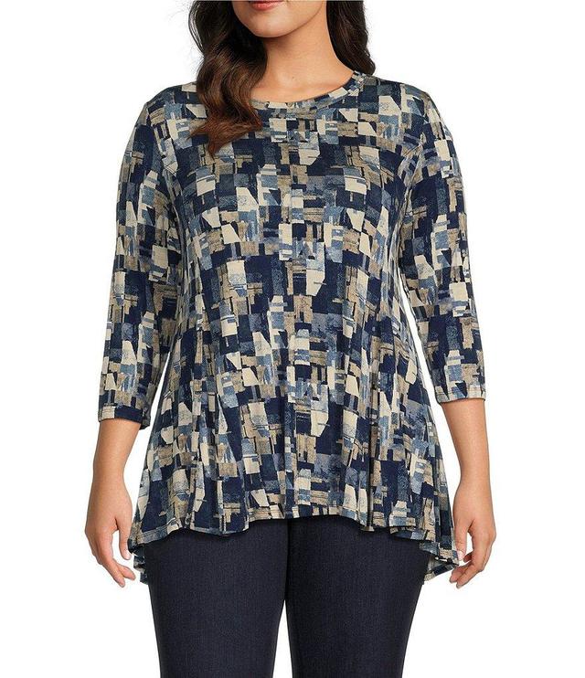 Intro Plus Size Knit Jersey Sand Multi Print Scoop Neck 3/4 Sleeve Flare Hem To Product Image