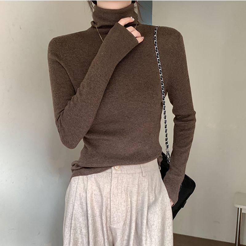 Long-Sleeve Mock Neck Plain Knit Top Product Image