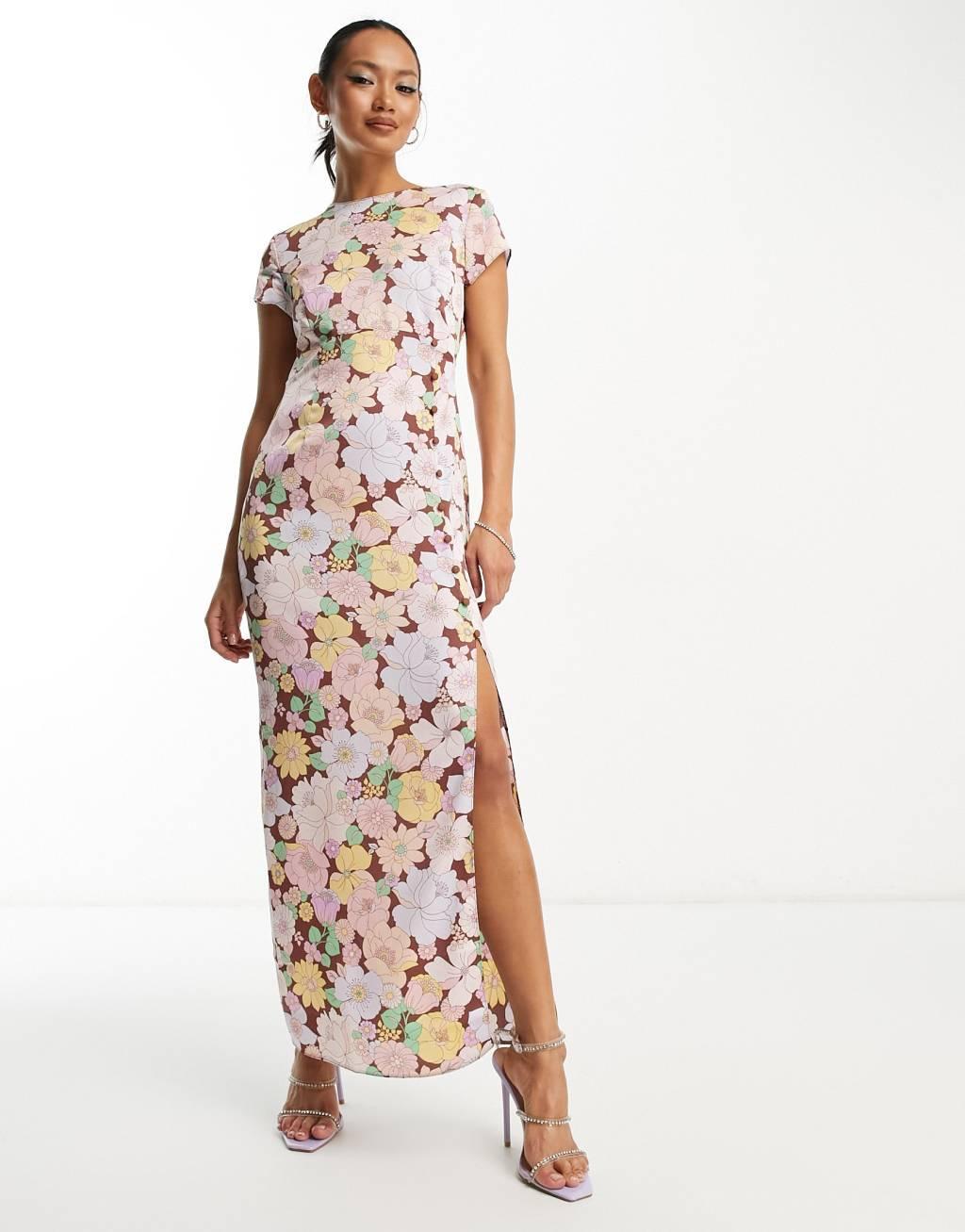 ASOS DESIGN button side detail satin midi tea dress in bold floral print Product Image