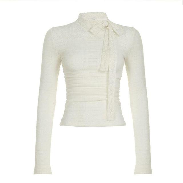 Long Sleeve Bow Accent Lace Panel Slim-Fit Top Product Image