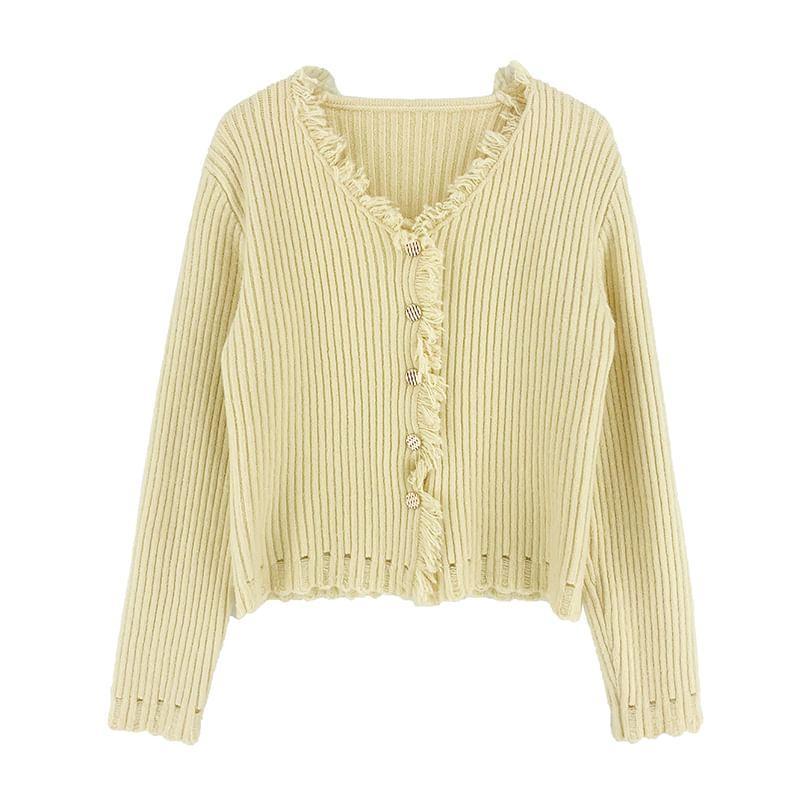 V-Neck Plain Fringed Trim Ribbed Cardigan Product Image