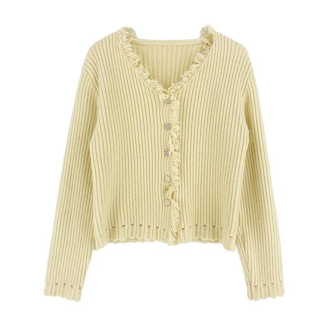 V-Neck Plain Fringed Trim Ribbed Cardigan Product Image