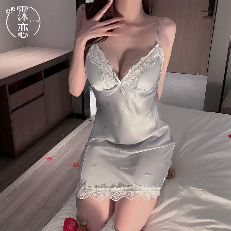 Spaghetti Strap V-Neck Butterfly Print Bow Panel Lace Nightdress Product Image