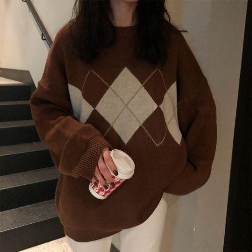 Crew-Neck Argyle Oversized Sweater Product Image