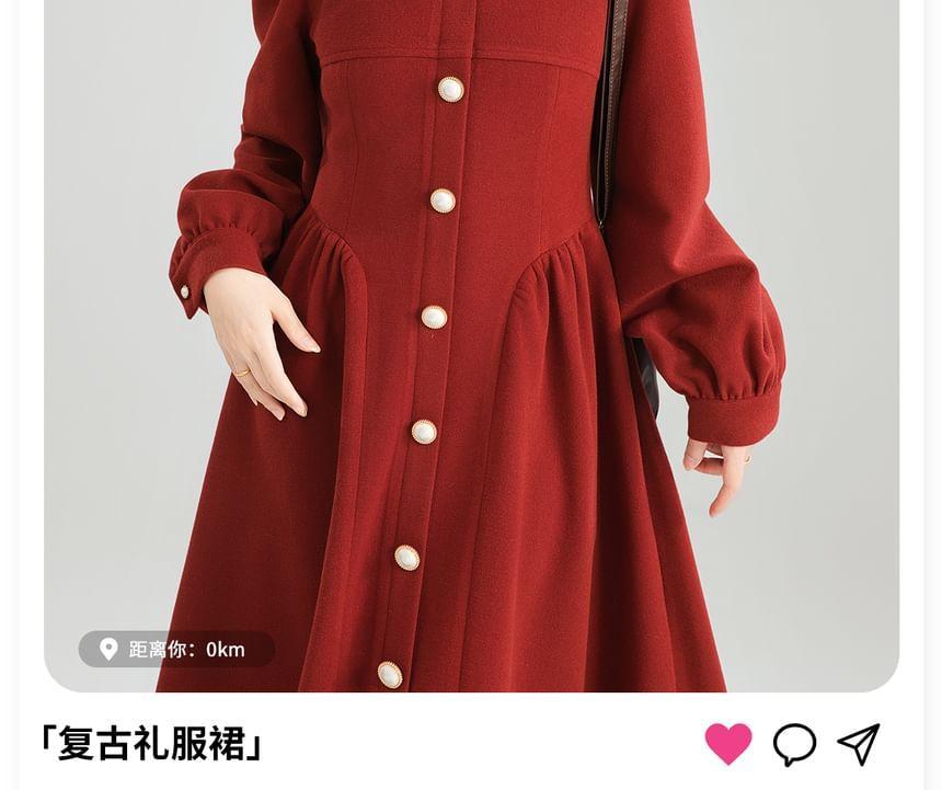 Long Sleeve Square Neck Faux Pearl Trim Button Gathered Midi A-Line Dress Product Image