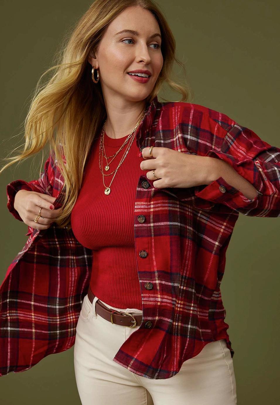 Cabin Plaid Boyfriend Button Down Shirt Product Image