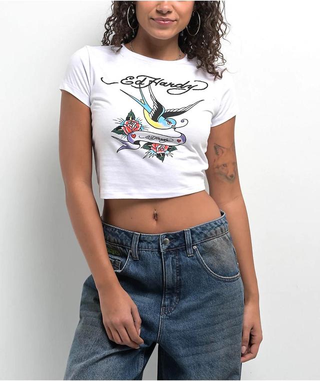 Ed Hardy Swallow Bird White Crop T-Shirt Product Image