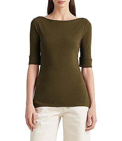 Lauren Ralph Lauren Stretch Cotton Blend Boat Neck Short Rolled Sleeve Shirt product image