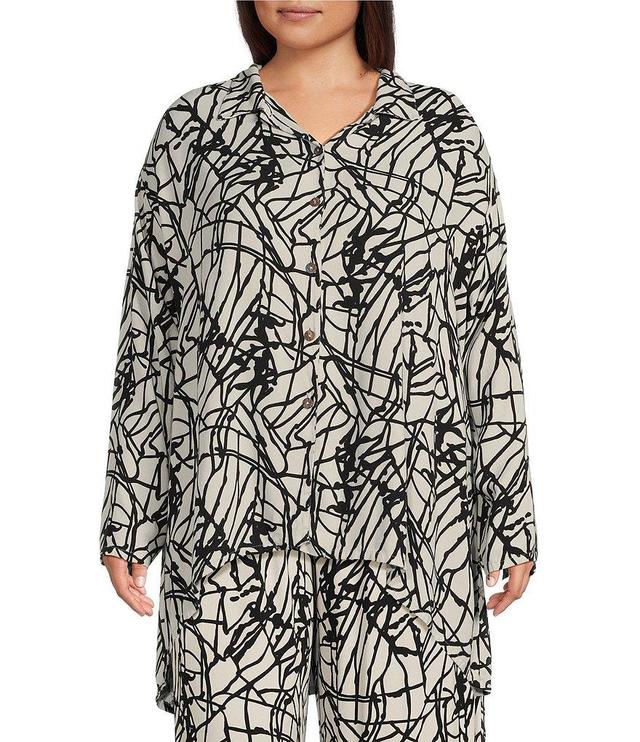 Bryn Walker Plus Size Mirren Rayon Crepe Netta Print Collar Neck Long Sleeve Button Front Top Product Image