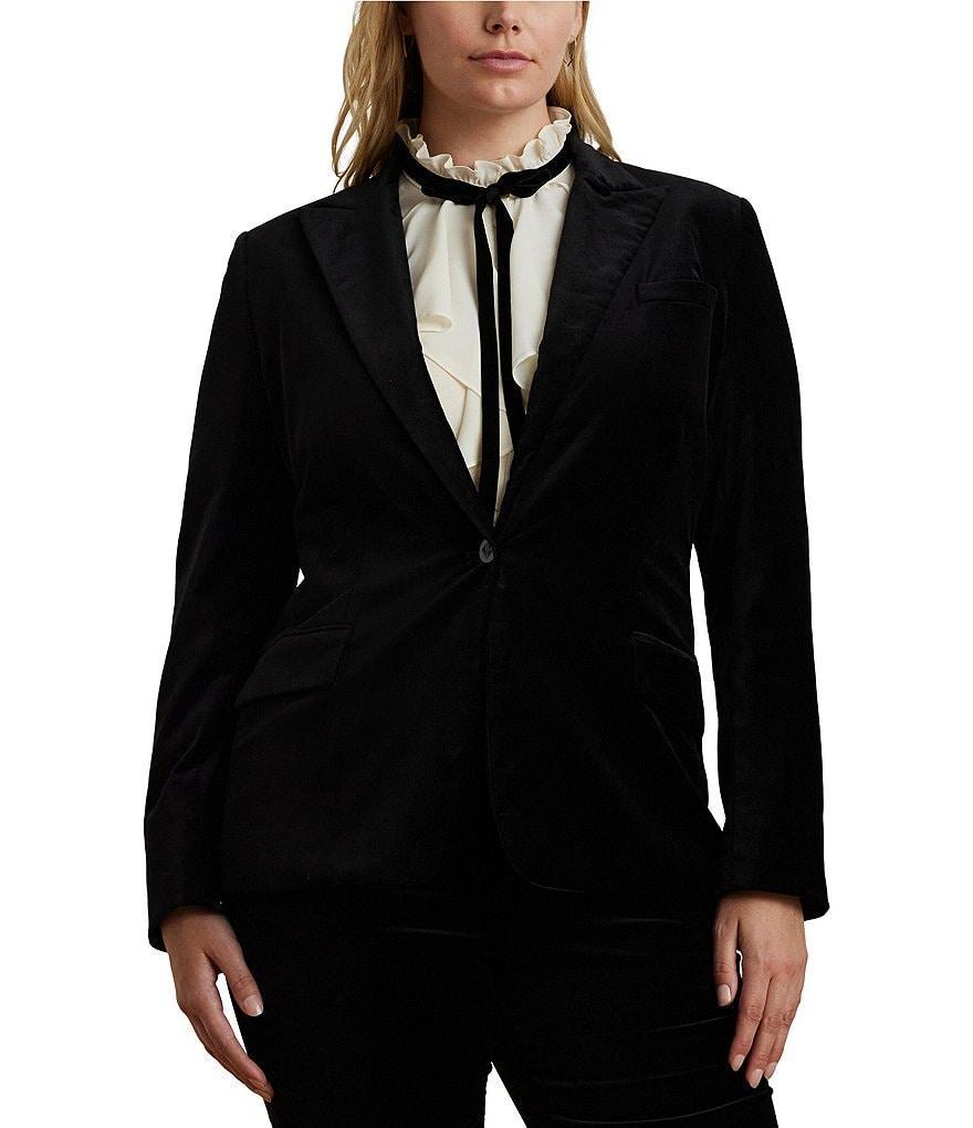 Lauren Ralph Lauren Plus Size Soft Stretch Peak Lapel Collar Long Sleeve One-Button Velvet Blazer Product Image