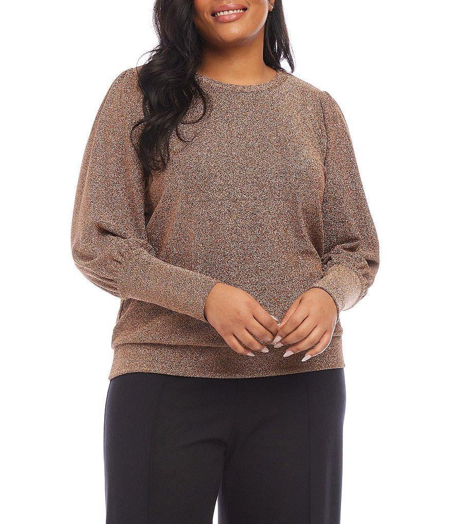 Karen Kane Plus Size Stretch Metallic Knit Crew Neck Long Bishop Sleeve Top Product Image