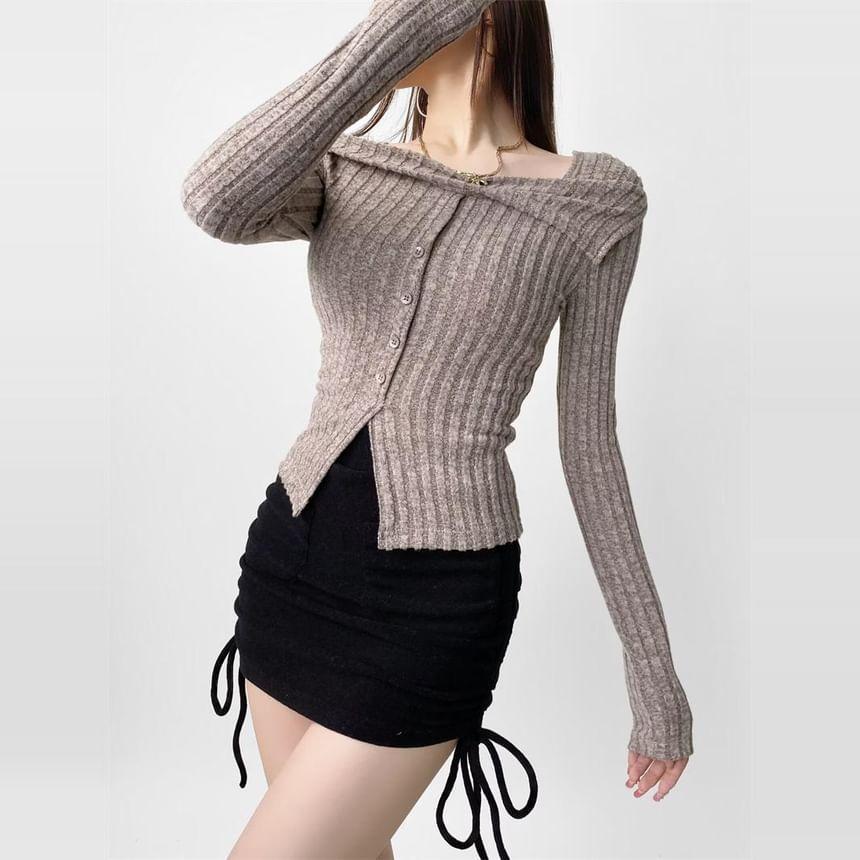 Long-Sleeve Asymmetrical Neck Plain Ribbed Knit Top Product Image