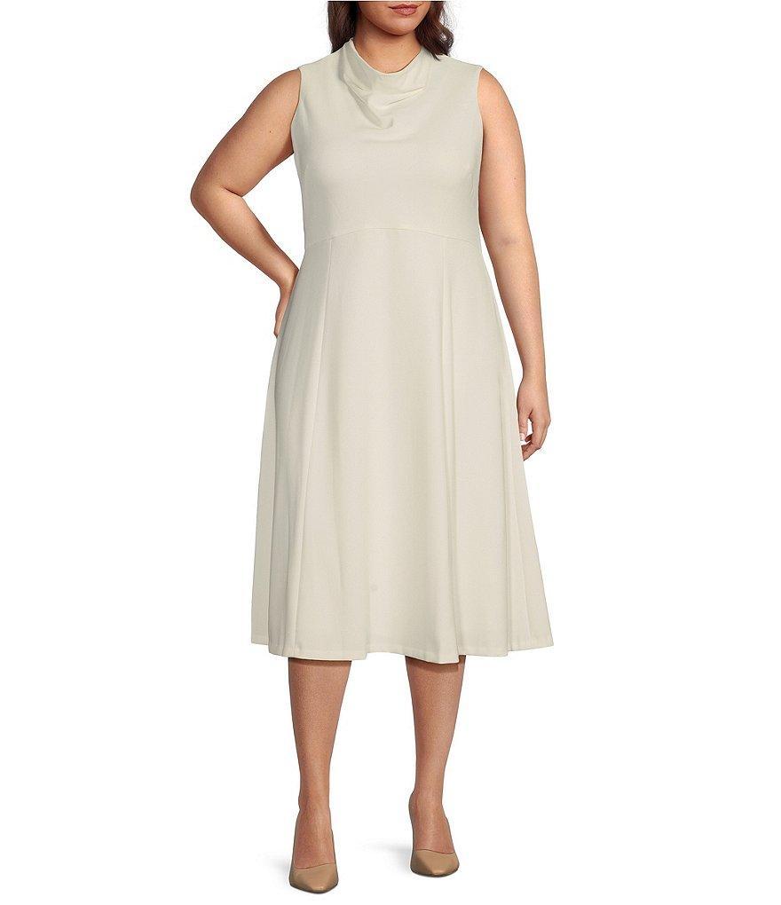 Donna Karan Plus Size Sleeveless Cowl Mock Neck A-Line Midi Dress Product Image