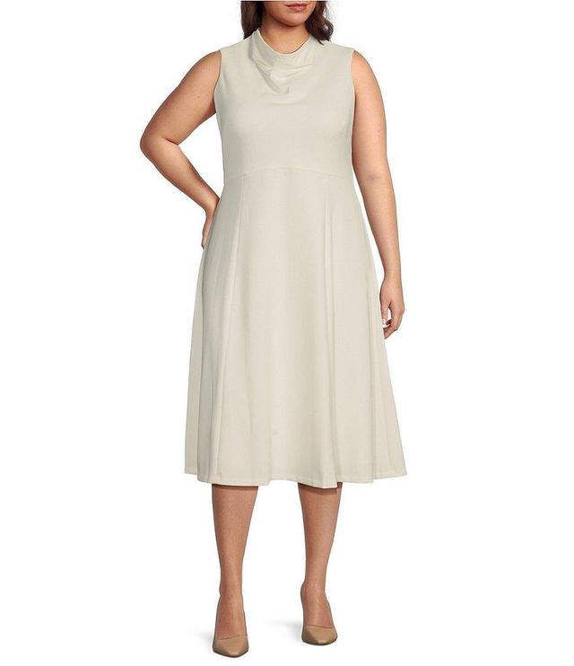 Donna Karan Plus Size Sleeveless Cowl Mock Neck A-Line Midi Dress Product Image