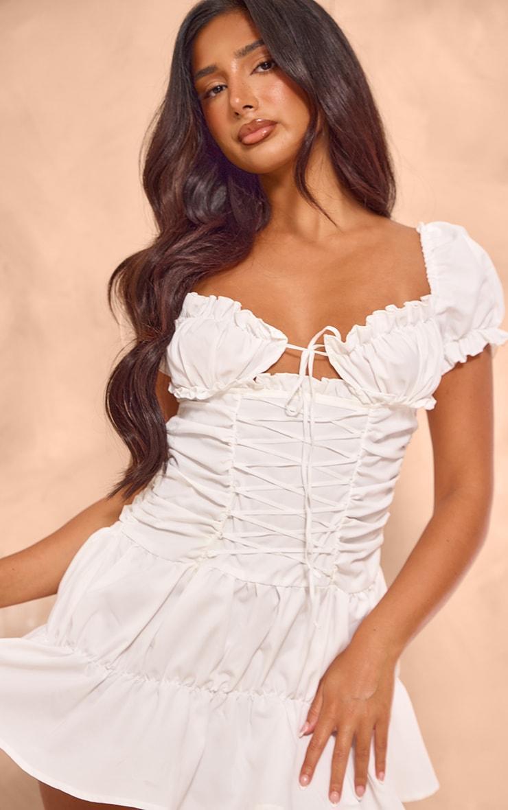 Petite White Corset Lace-up Ruffle Dress Product Image